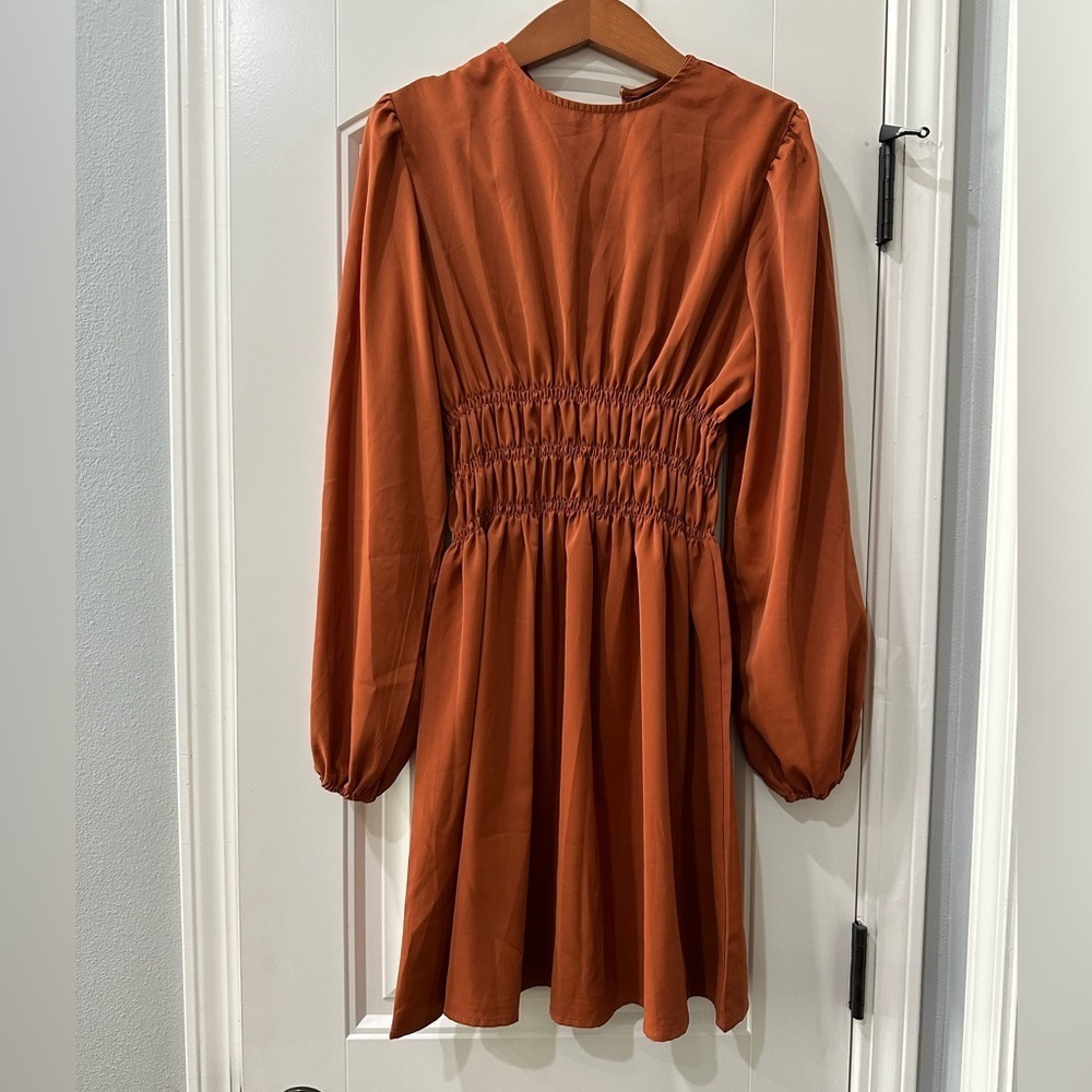 SHEIN Rust Orange Puff Sleeve Shirred Waist A-line Mini Dress Womens Size Medium